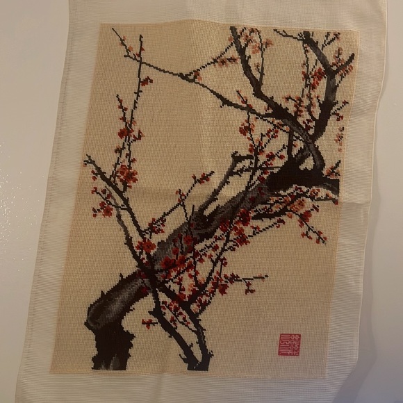 Vintage Asian Cherry Blossom Tree Needlepoint, Handmade, Wall Hanging 27”x 21” - Picture 4 of 4